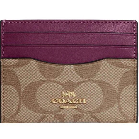 NWT Authentic Coach Signature Card Case in Khaki and Boysenberry - Picture 1 of 6